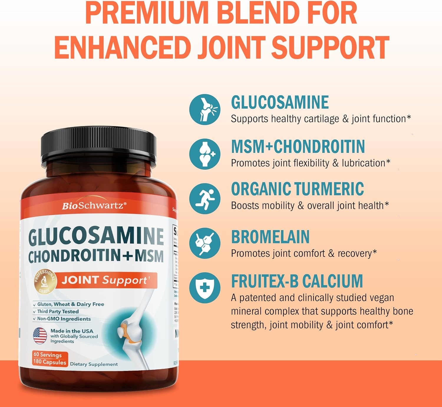 image:imageGlucosamine Chondroitin MSM Joint Support Supplement Collagen Peptides Turmeric and Ginger Hyaluronic Acid Glucosamine Chondroitin Sulfate for Joint Comfort Gluten Free Non GMO 90 Capsules180 Count Pack of 1