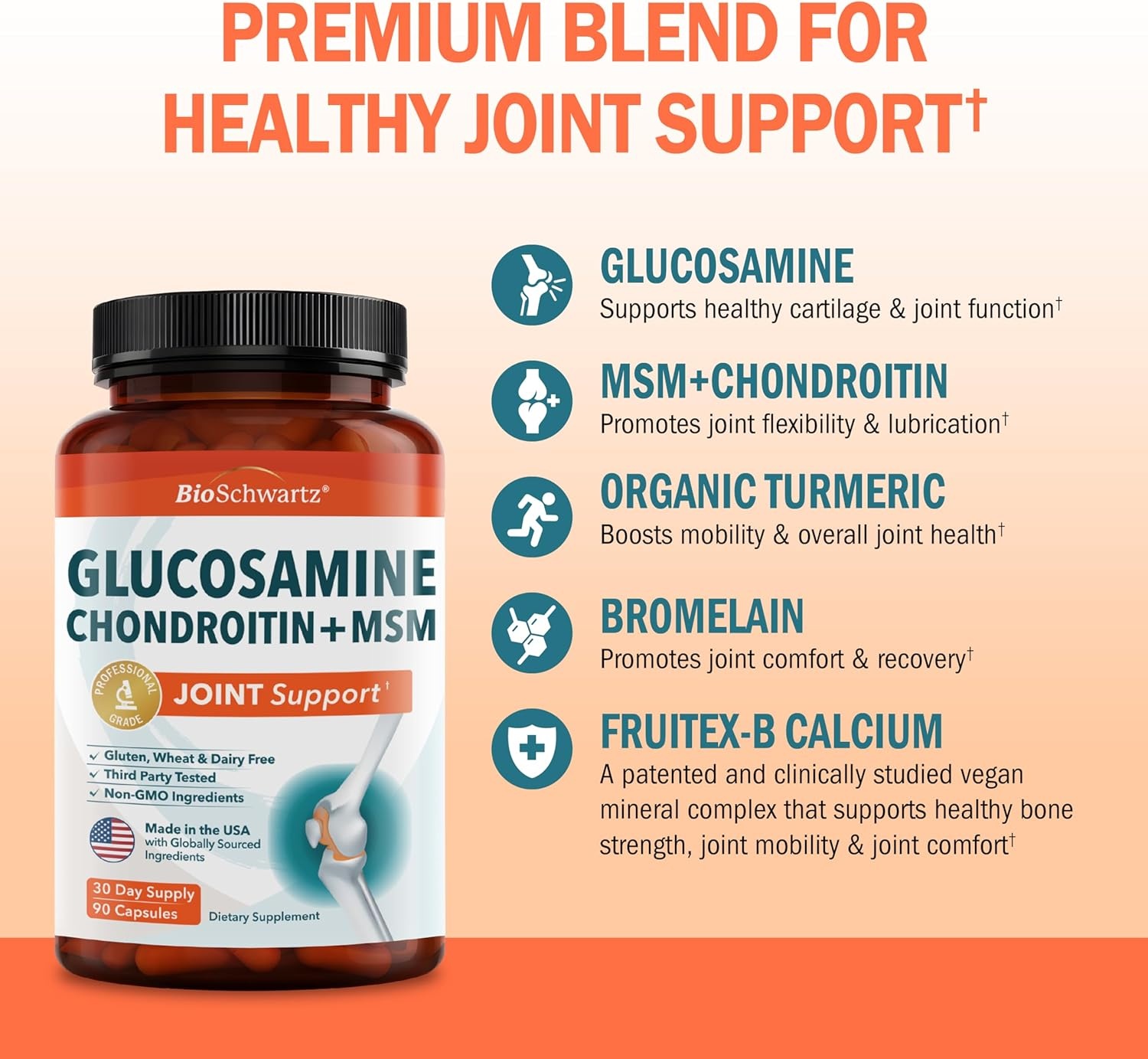 image:imageGlucosamine Chondroitin MSM Joint Support Supplement Collagen Peptides Turmeric and Ginger Hyaluronic Acid Glucosamine Chondroitin Sulfate for Joint Comfort Gluten Free Non GMO 90 Capsules90 Count Pack of 1