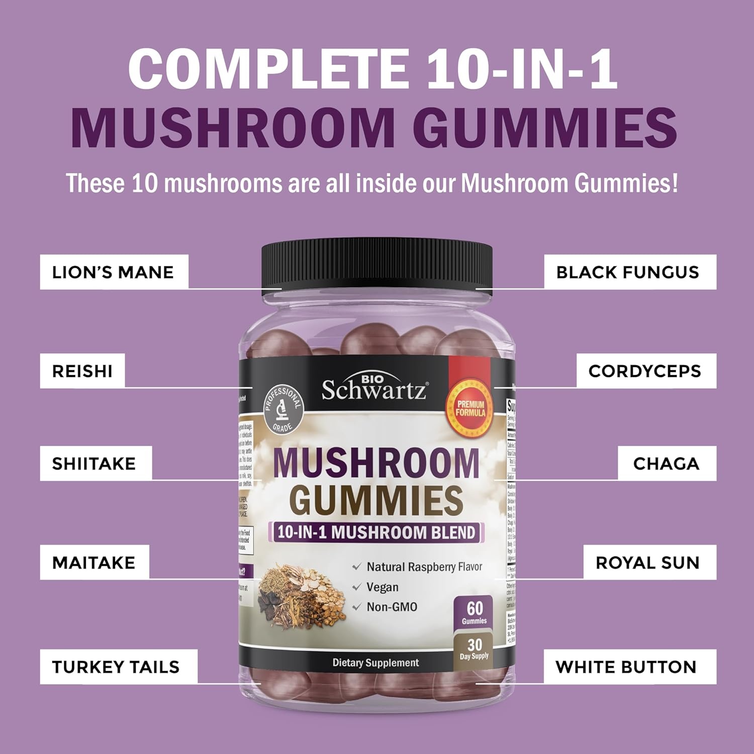 image:imageMushroom Gummies for Adults 10in1 Functional Mushroom Supplement for Mood and Focus with Lions Mane Turkey Tail Cordyceps Shiitake Reishi Vegan NonGMO Fresh Raspberry Flavor 60 Count60 Count Pack of 1