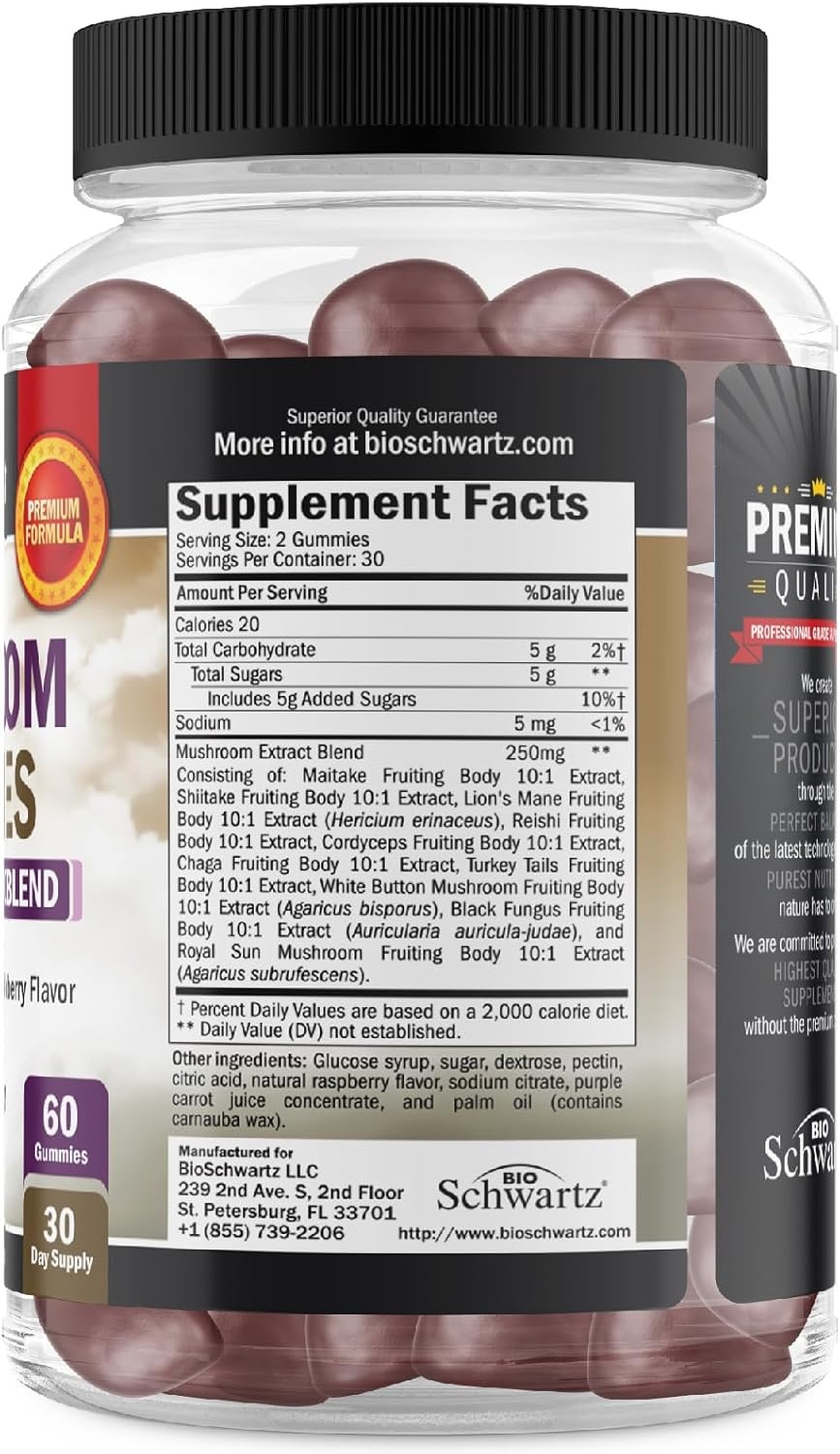 image:imageMushroom Gummies for Adults 10in1 Functional Mushroom Supplement for Mood and Focus with Lions Mane Turkey Tail Cordyceps Shiitake Reishi Vegan NonGMO Fresh Raspberry Flavor 60 Count60 Count Pack of 1