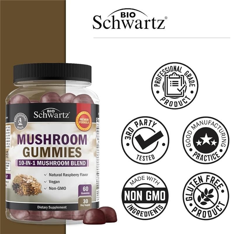 image:imageMushroom Gummies for Adults 10in1 Functional Mushroom Supplement for Mood and Focus with Lions Mane Turkey Tail Cordyceps Shiitake Reishi Vegan NonGMO Fresh Raspberry Flavor 60 Count60 Count Pack of 1