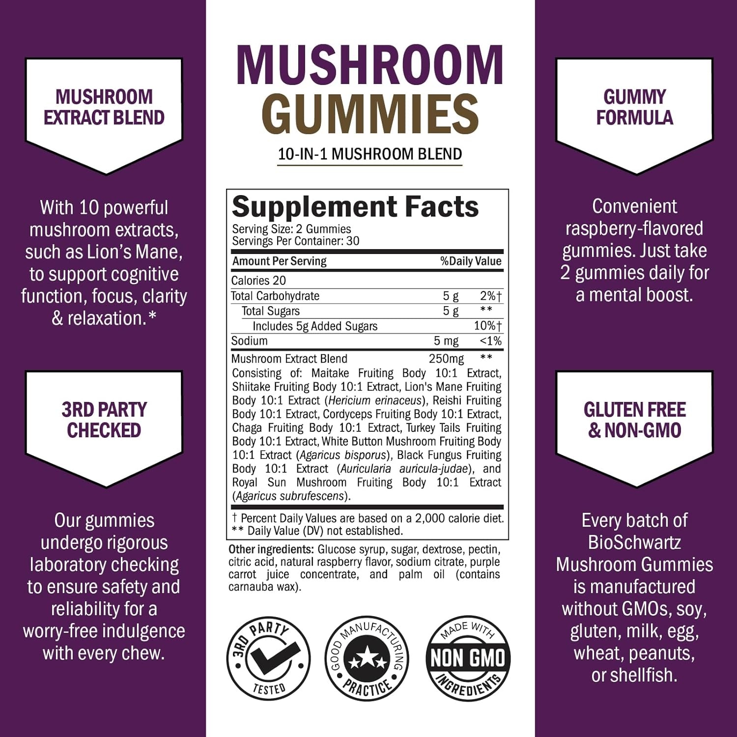 image:imageMushroom Gummies for Adults 10in1 Functional Mushroom Supplement for Mood and Focus with Lions Mane Turkey Tail Cordyceps Shiitake Reishi Vegan NonGMO Fresh Raspberry Flavor 60 Count60 Count Pack of 1