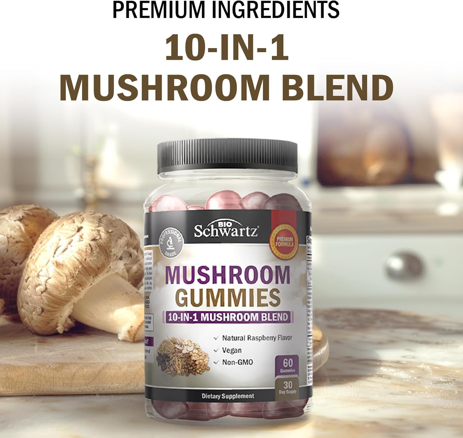 image:imageMushroom Gummies for Adults 10in1 Functional Mushroom Supplement for Mood and Focus with Lions Mane Turkey Tail Cordyceps Shiitake Reishi Vegan NonGMO Fresh Raspberry Flavor 60 Count60 Count Pack of 1