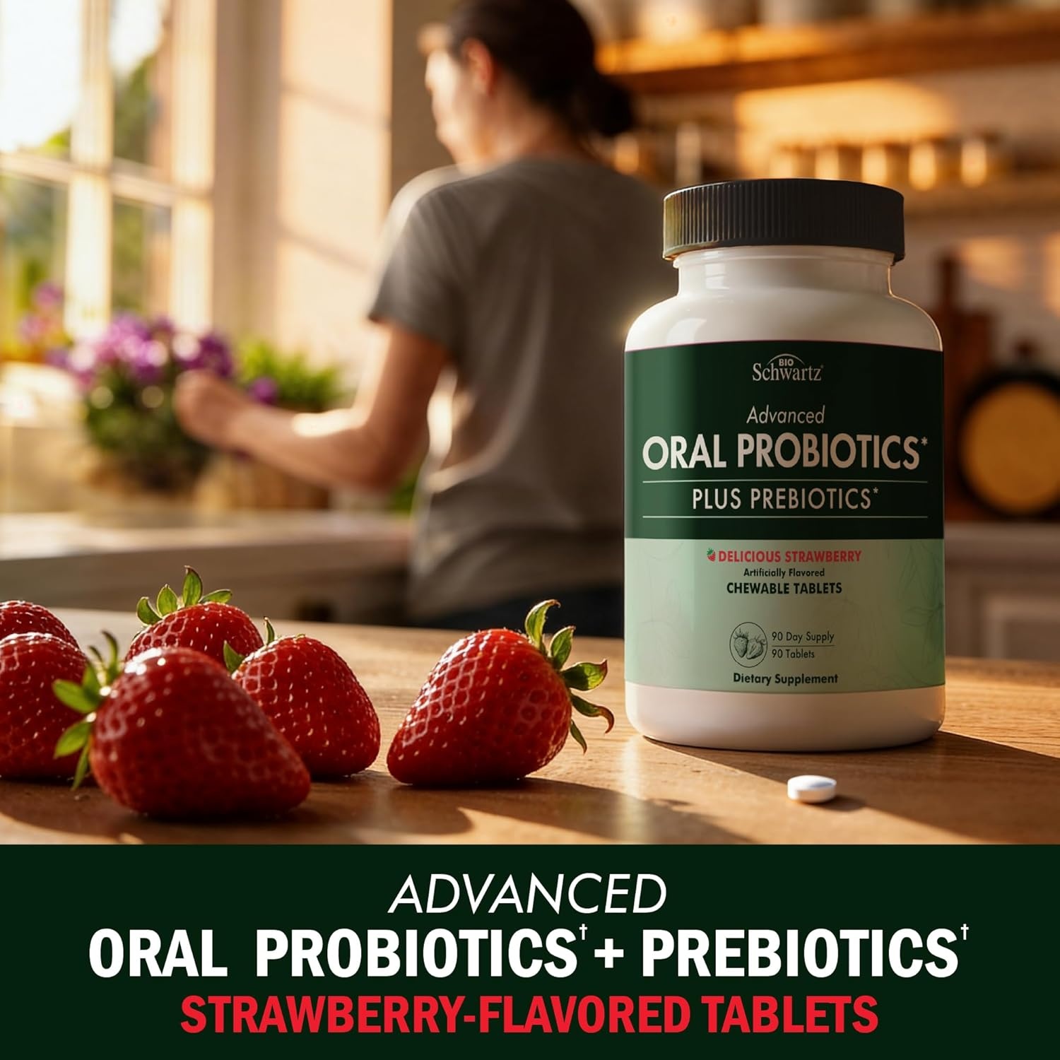 image:imageOral Probiotics Supplement with Prebiotics Supports Healthy Teeth Gums Mouth and Fresh Odorless Breath for Adults Strawberry Flavored Chewable Dental Probiotic 60 Tablets 60 Day Supply90 Count Pack of 1