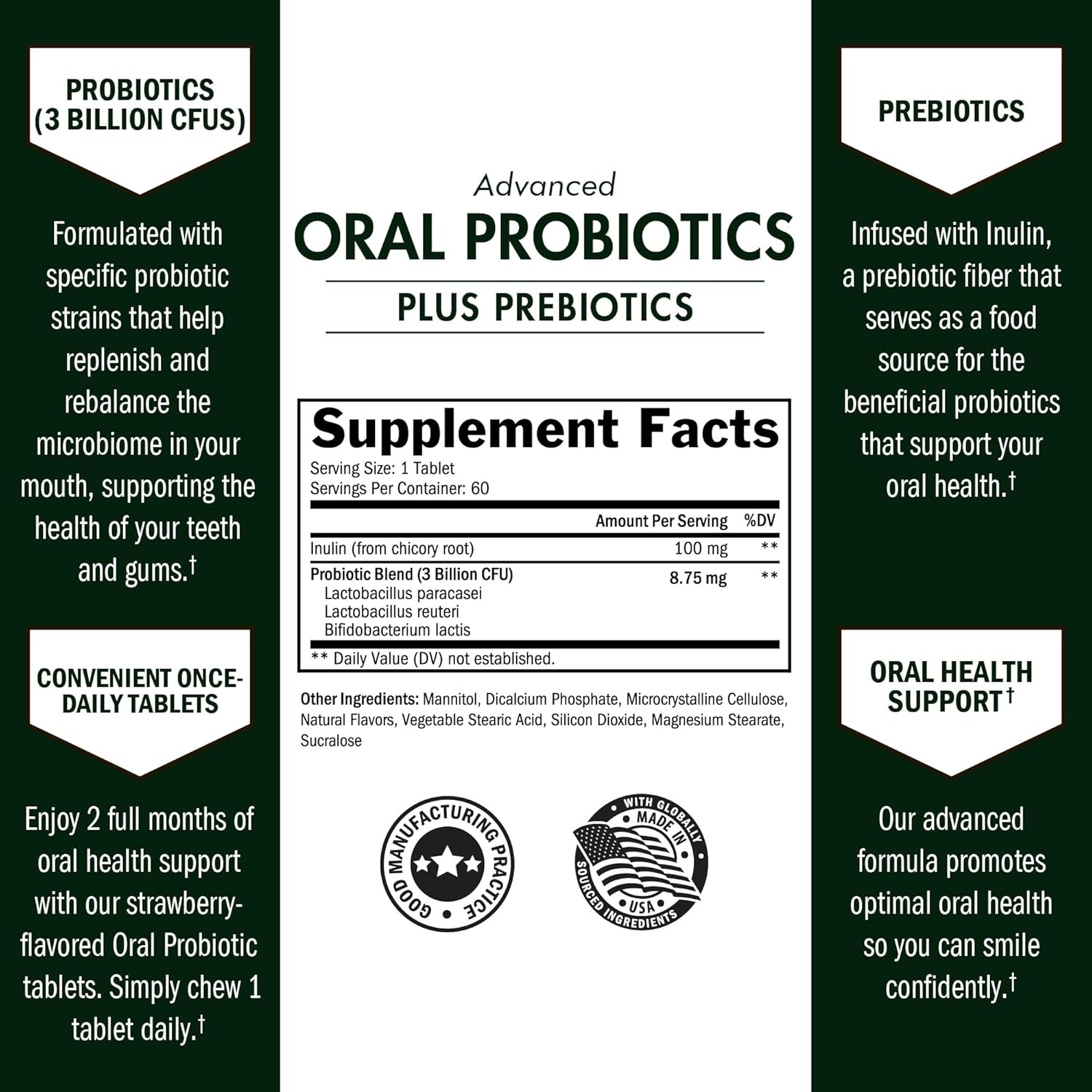 image:imageOral Probiotics Supplement with Prebiotics Supports Healthy Teeth Gums Mouth and Fresh Odorless Breath for Adults Strawberry Flavored Chewable Dental Probiotic 60 Tablets 60 Day Supply60 Count Pack of 1