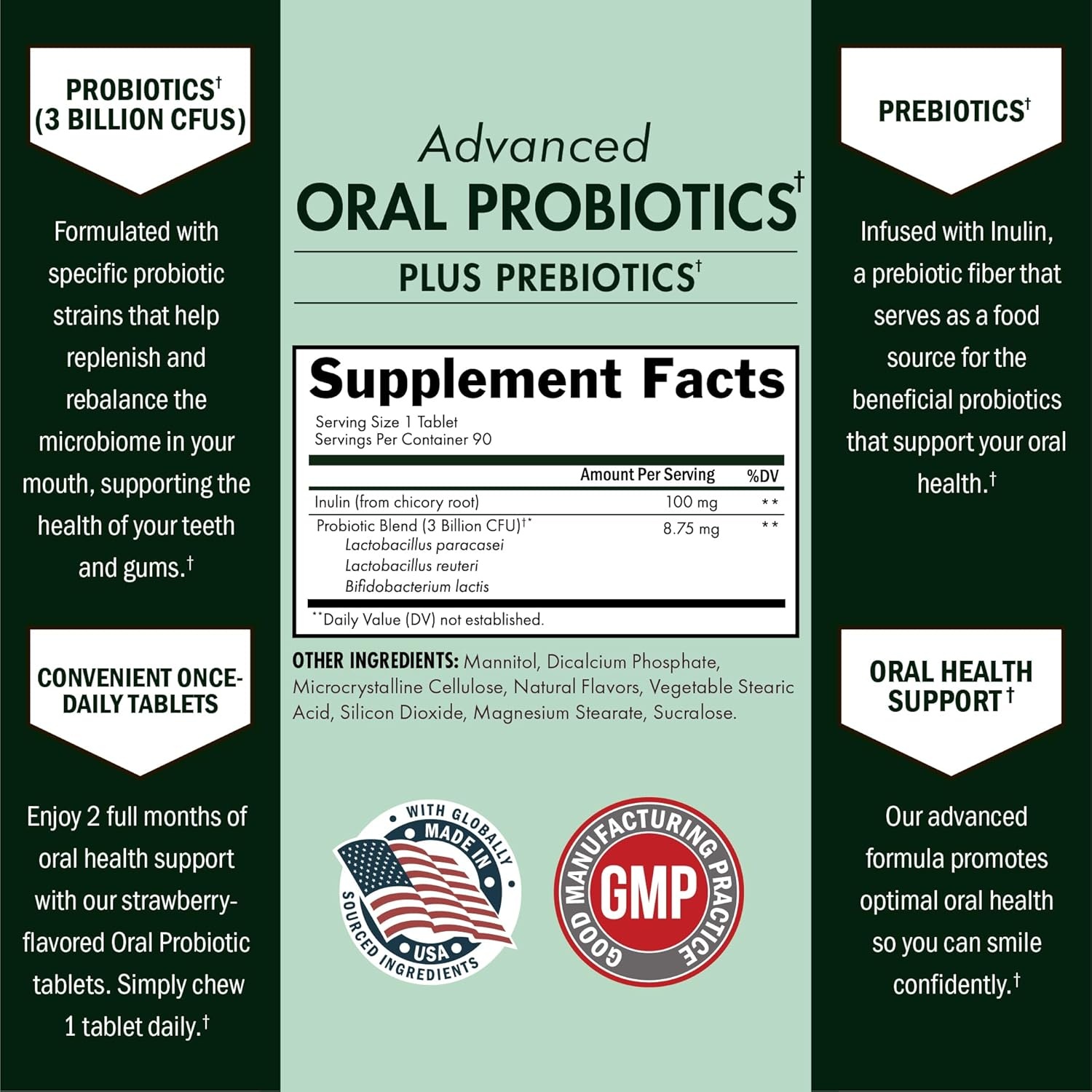 image:imageOral Probiotics Supplement with Prebiotics Supports Healthy Teeth Gums Mouth and Fresh Odorless Breath for Adults Strawberry Flavored Chewable Dental Probiotic 60 Tablets 60 Day Supply90 Count Pack of 1