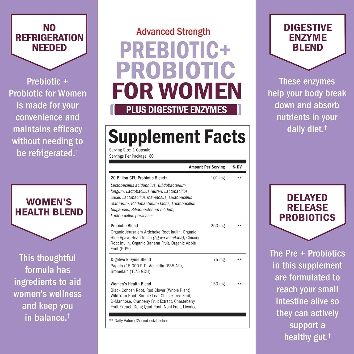 image:imagePrebiotics and Probiotics for Women with Black Cohosh and Red Clover for Gut Vaginal and Immune Health Support Whole Food Digestive Enzymes Capsules Lactobacillus Probiotic Supplement 60 Count60 Count Pack of 1