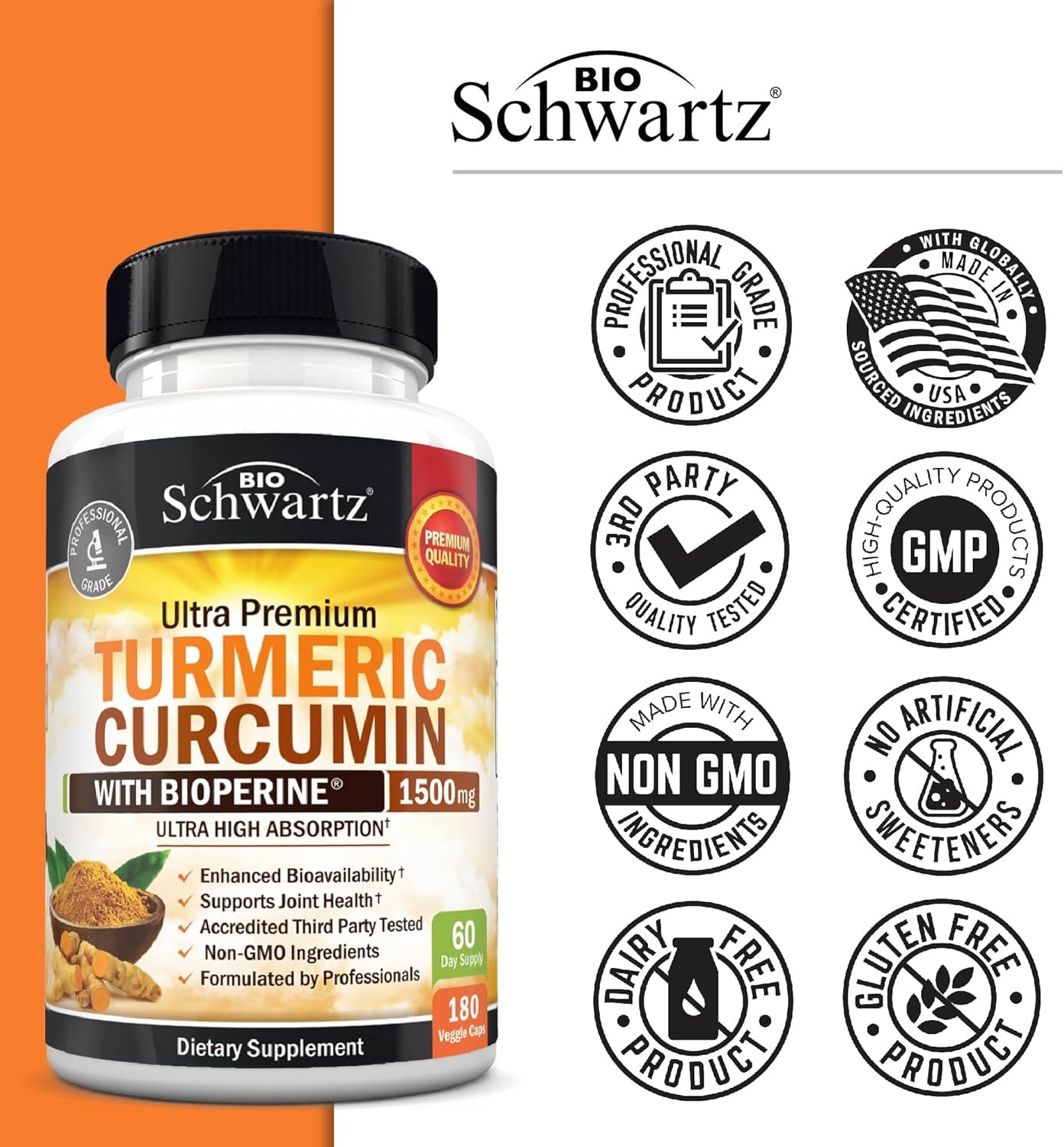 image:imageTurmeric Curcumin with Black Pepper Extract 1500mg High Absorption Ultra Potent Turmeric Supplement with 95 Curcuminoids and BioPerine Non GMO Tumeric Capsules for Joint Support 90 CapsulesUnflavored