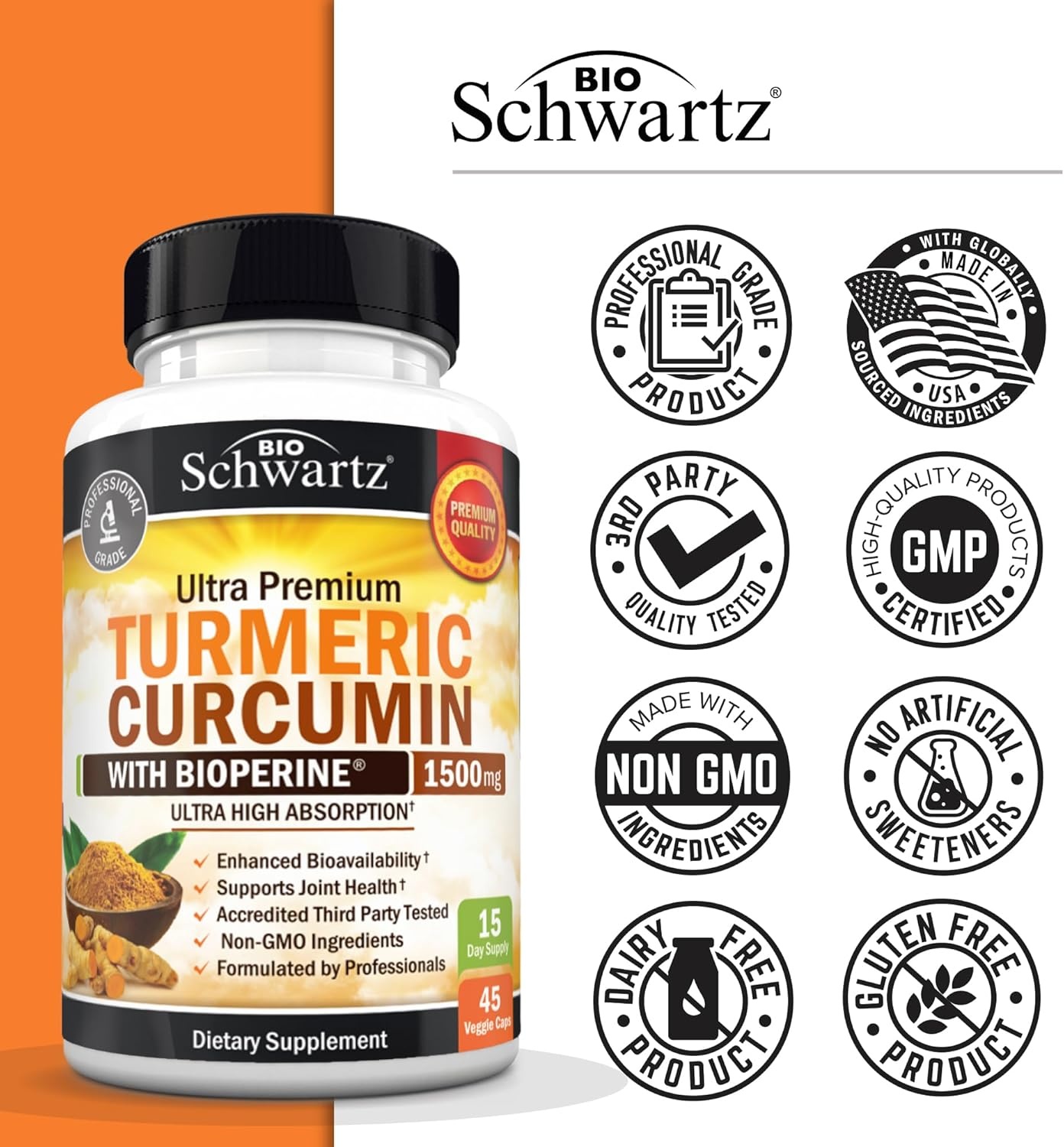 image:imageTurmeric Curcumin with Black Pepper Extract 1500mg High Absorption Ultra Potent Turmeric Supplement with 95 Curcuminoids and BioPerine Non GMO Tumeric Capsules for Joint Support 90 CapsulesUnflavored