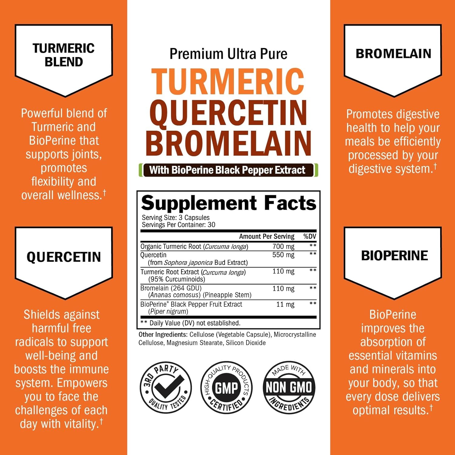 image:imageTurmeric Quercetin with Bromelain Supplement Natural Extra Strength Immune and Joint Support with BioPerine Black Pepper for Max Absorption Organic Tumeric Bromelain Supplement Vegan Safe NonGMO