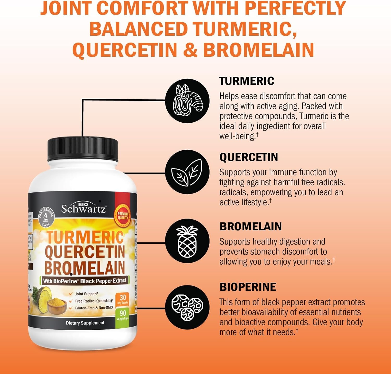 image:imageTurmeric Quercetin with Bromelain Supplement Natural Extra Strength Immune and Joint Support with BioPerine Black Pepper for Max Absorption Organic Tumeric Bromelain Supplement Vegan Safe NonGMO