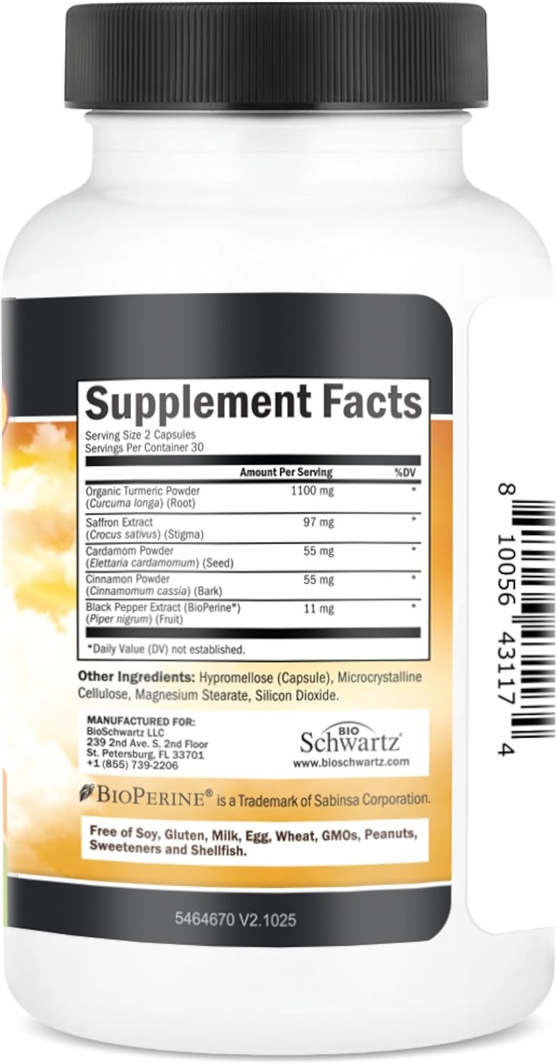 image:imageTurmeric Supplement with Saffron Cinnamon and Cardamom Plus BioPerine Black Pepper Extract for Optimal Absorption Natural Tumeric Curcumin Joint Support Supplement for Women and Men 60 Capsules