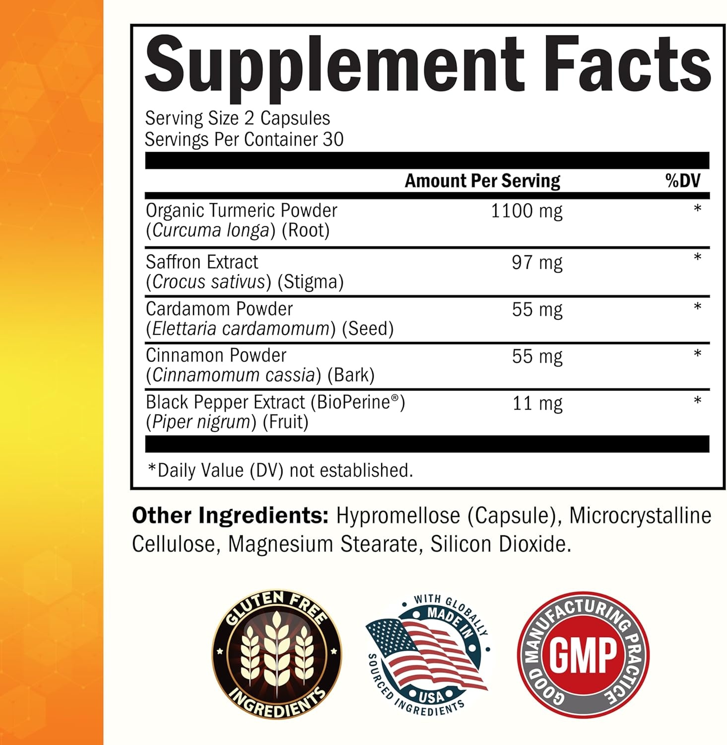 image:imageTurmeric Supplement with Saffron Cinnamon and Cardamom Plus BioPerine Black Pepper Extract for Optimal Absorption Natural Tumeric Curcumin Joint Support Supplement for Women and Men 60 Capsules