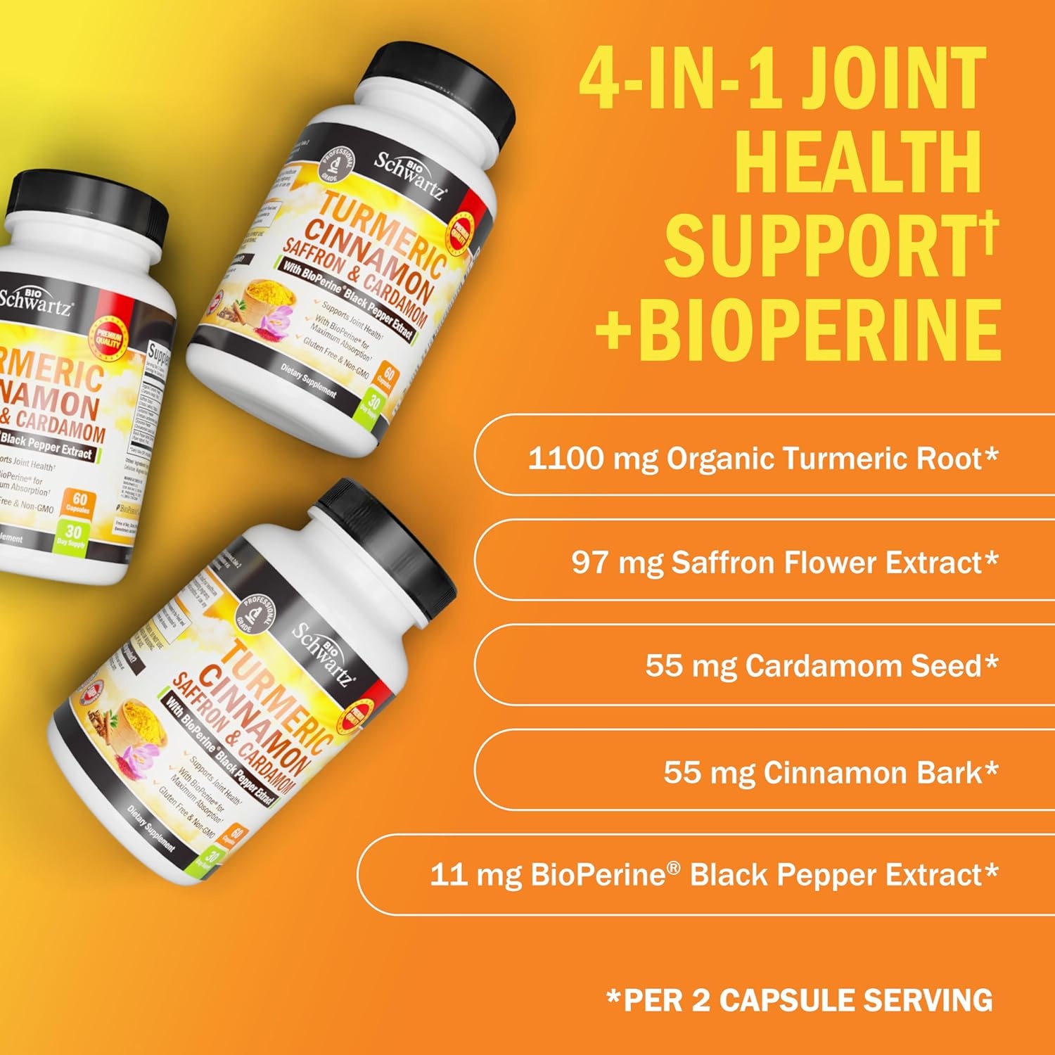 image:imageTurmeric Supplement with Saffron Cinnamon and Cardamom Plus BioPerine Black Pepper Extract for Optimal Absorption Natural Tumeric Curcumin Joint Support Supplement for Women and Men 60 Capsules