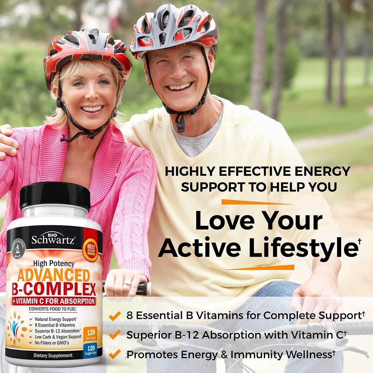 image:imageVitamin B Complex with Vitamin C for Maximum Absorption Methylcobalamin b12 amp Folate Folic Acid Supplement B1 B2 B3 B5 B6 B7 B9 for Immune Energy amp Nervous System Support NonGMO 60 count120 Count Pack of 1