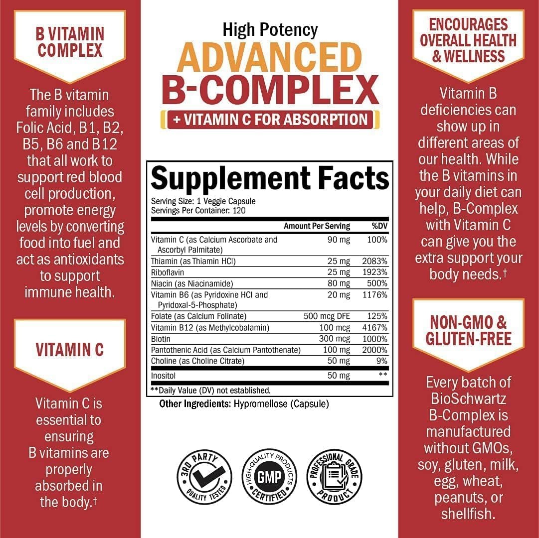 image:imageVitamin B Complex with Vitamin C for Maximum Absorption Methylcobalamin b12 amp Folate Folic Acid Supplement B1 B2 B3 B5 B6 B7 B9 for Immune Energy amp Nervous System Support NonGMO 60 count120 Count Pack of 1