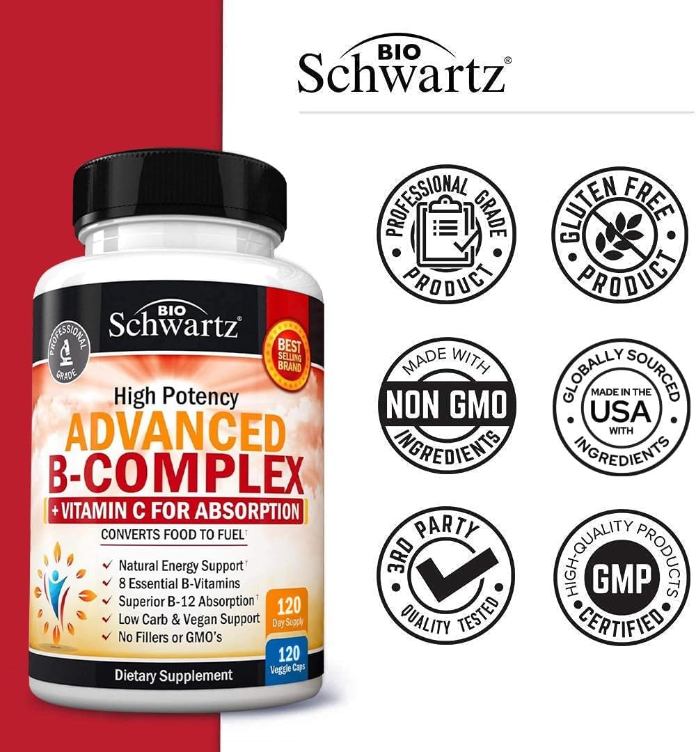 image:imageVitamin B Complex with Vitamin C for Maximum Absorption Methylcobalamin b12 amp Folate Folic Acid Supplement B1 B2 B3 B5 B6 B7 B9 for Immune Energy amp Nervous System Support NonGMO 60 count120 Count Pack of 1