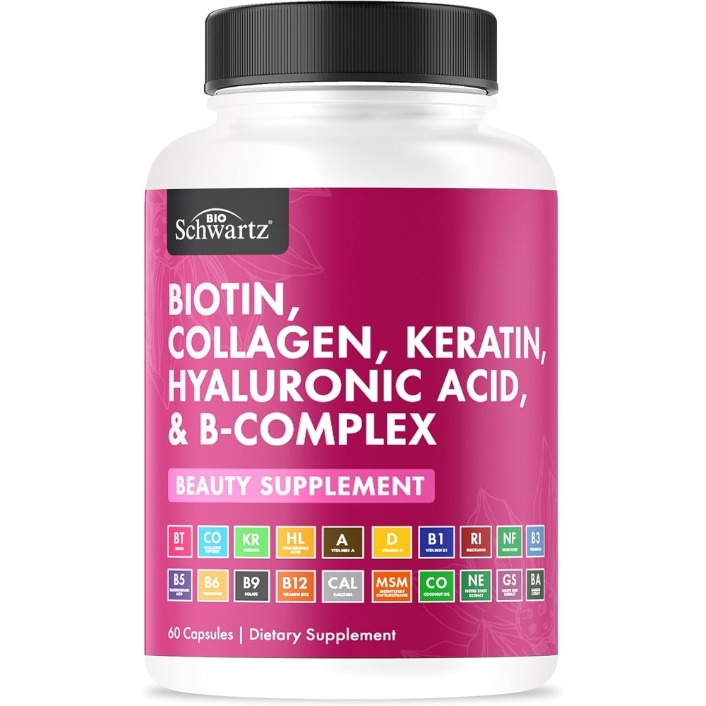 image:imageBioSchwartz Biotin Collagen Keratin Supplement  Hair Vitamins for Women  10000mcg Biotin with Hyaluronic Acid amp B Complex  NonGMO 60 Capsules Beauty Supplement  Hair and Nails Vitamins for Women