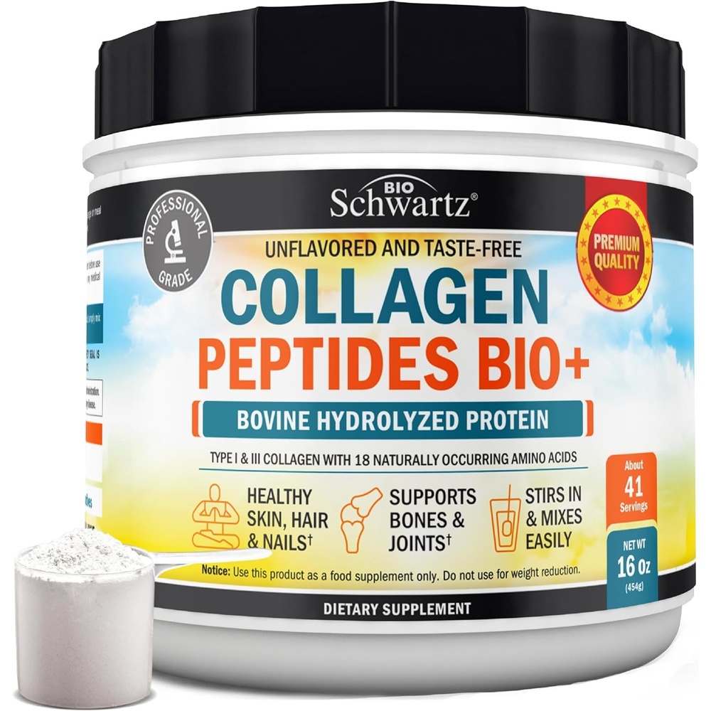image:imageBioSchwartz Collagen Peptides Powder for Women and Men  Grass Fed Hydrolyzed Collagen Powder  Types I and III with 10g Protein for Hair Skin Nail amp Joint Support  41 Servings  16oz Unflavored