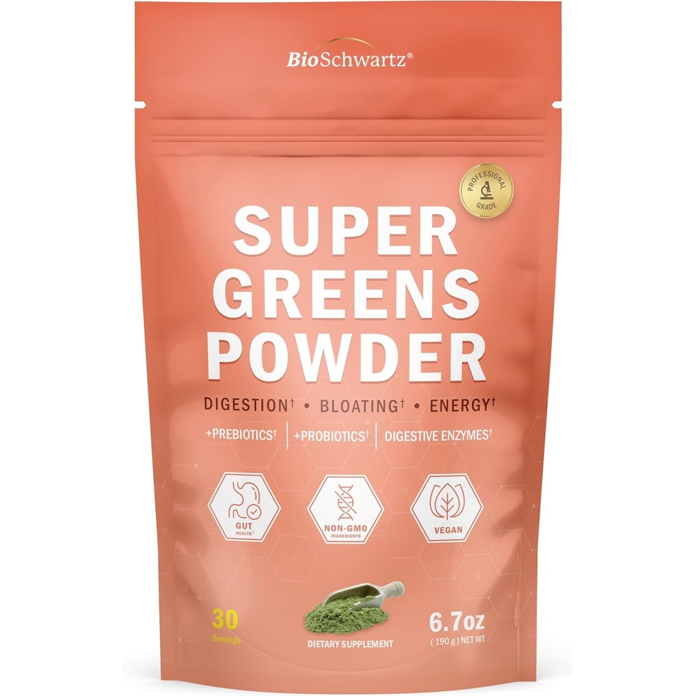 image:imageBioSchwartz Greens Powder Super Greens with Probiotics Prebiotics Digestive Enzymes amp 43 Green Superfoods Chlorophyll Bilberry Chlorella Spirulina Tastes Amazing 30 Servings67 Ounce Pack of 1