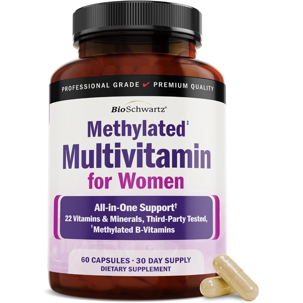 image:imageBioSchwartz Methylated Multivitamin for Women 22 Essential Vitamins amp Minerals with B Complex Folic Acid Biotin amp More Womens Multivitamin for Energy Immunity Skin Hair amp Nails 60 Capsules