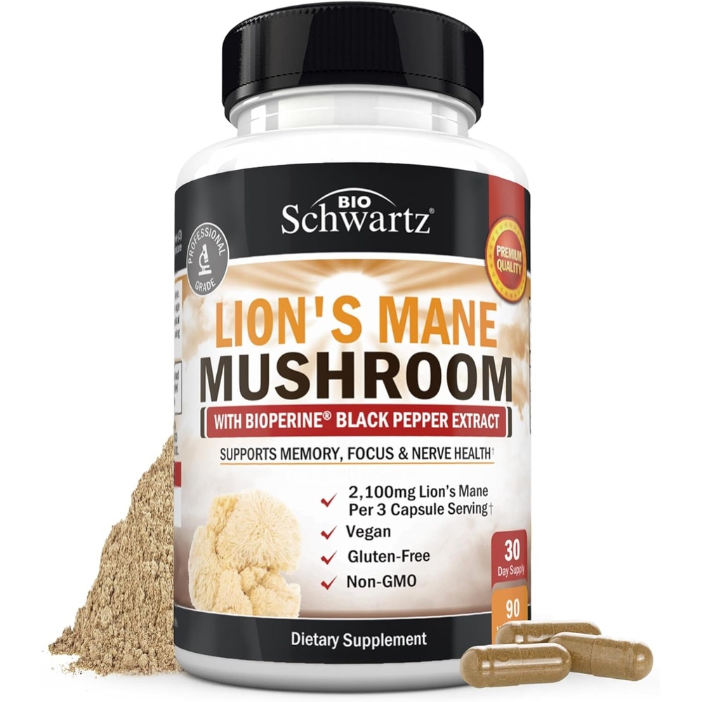 image:imageBioSchwartz Organic Lions Mane Supplement Capsules 90 Count 2100mg Lions Mane Mushrooms with BioPerine for Max Absorption Active Compound Verified Nootropic Brain Supplements for Memory and Focus90 Count Pack of 1