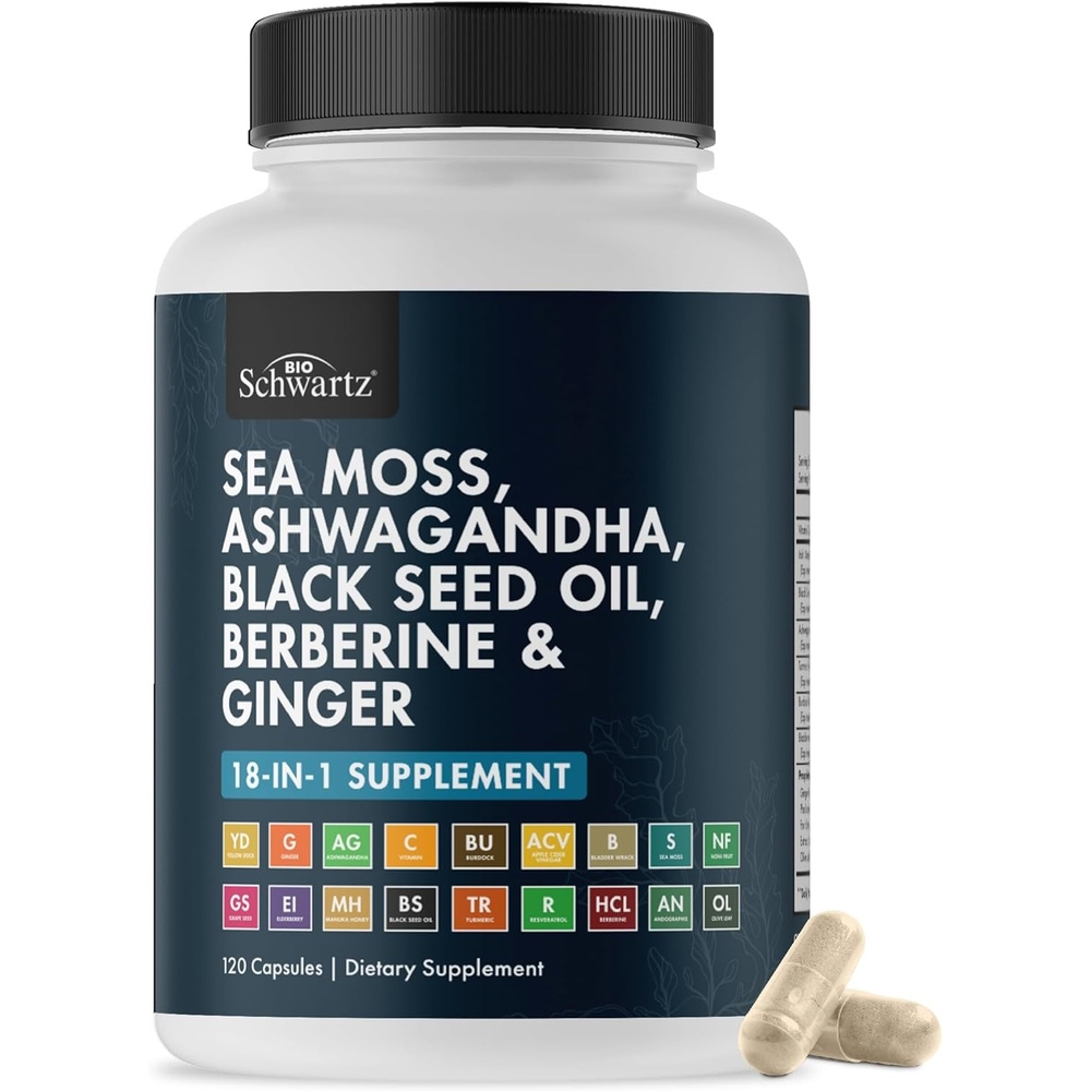 image:imageBioSchwartz Sea Moss Black Seed Oil Ashwagandha Ginger Supplement with Turmeric Berberine HCI Burdock Bladderwrack Resveratrol Elderberry Manuka Honey Apple Cider Vinegar ACV 120 Sea Moss Capsules120 Count Pack of 1