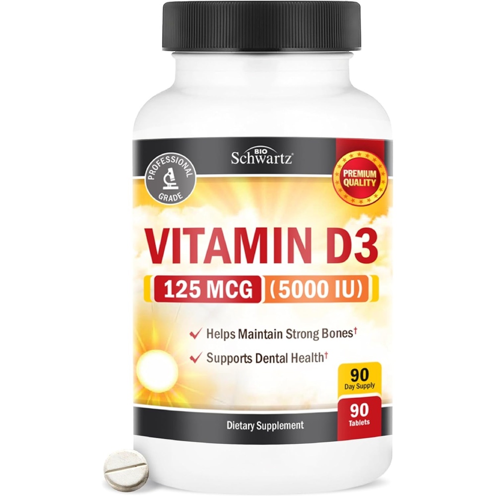 image:imageBioSchwartz Vitamin D3 5000 IU 125 mcg Chewable Tablets Immune Support Bone Strength Healthy Muscle Function GlutenFree and NonGMO Chewable Vitamin D for Adults 90Day Supply 90 Count90 Count Pack of 1