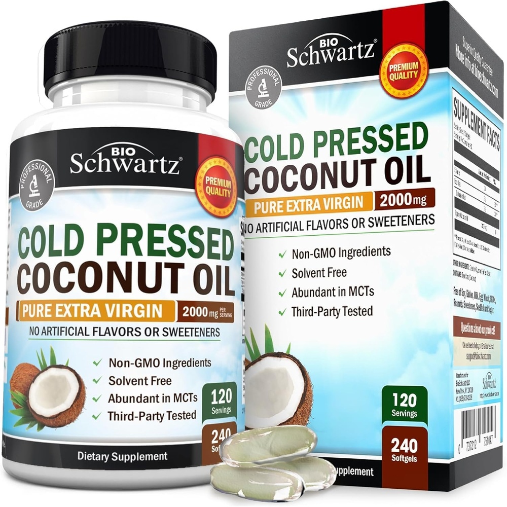 image:imageCoconut Oil Capsules 2000mg Organic Pure Extra Virgin Unrefined Cold Pressed MCT Rich amp NonGMO for Healthy Skin Nails Hair Growth Support Bloating Anti Aging Digestion 120ct 2 Month Supply240 Count Pack of 1