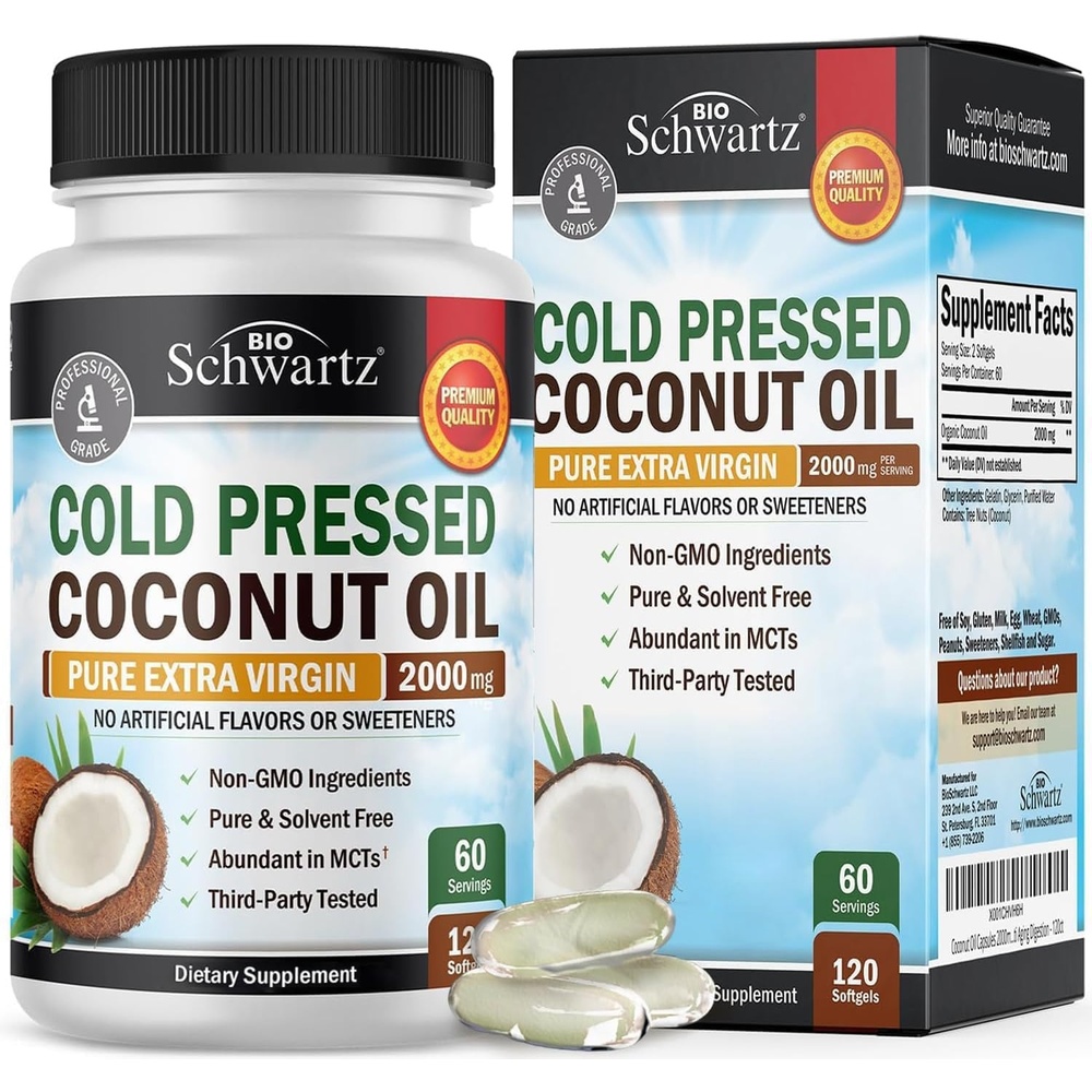 image:imageCoconut Oil Capsules 2000mg Organic Pure Extra Virgin Unrefined Cold Pressed MCT Rich amp NonGMO for Healthy Skin Nails Hair Growth Support Bloating Anti Aging Digestion 120ct 2 Month Supply120 Count Pack of 1