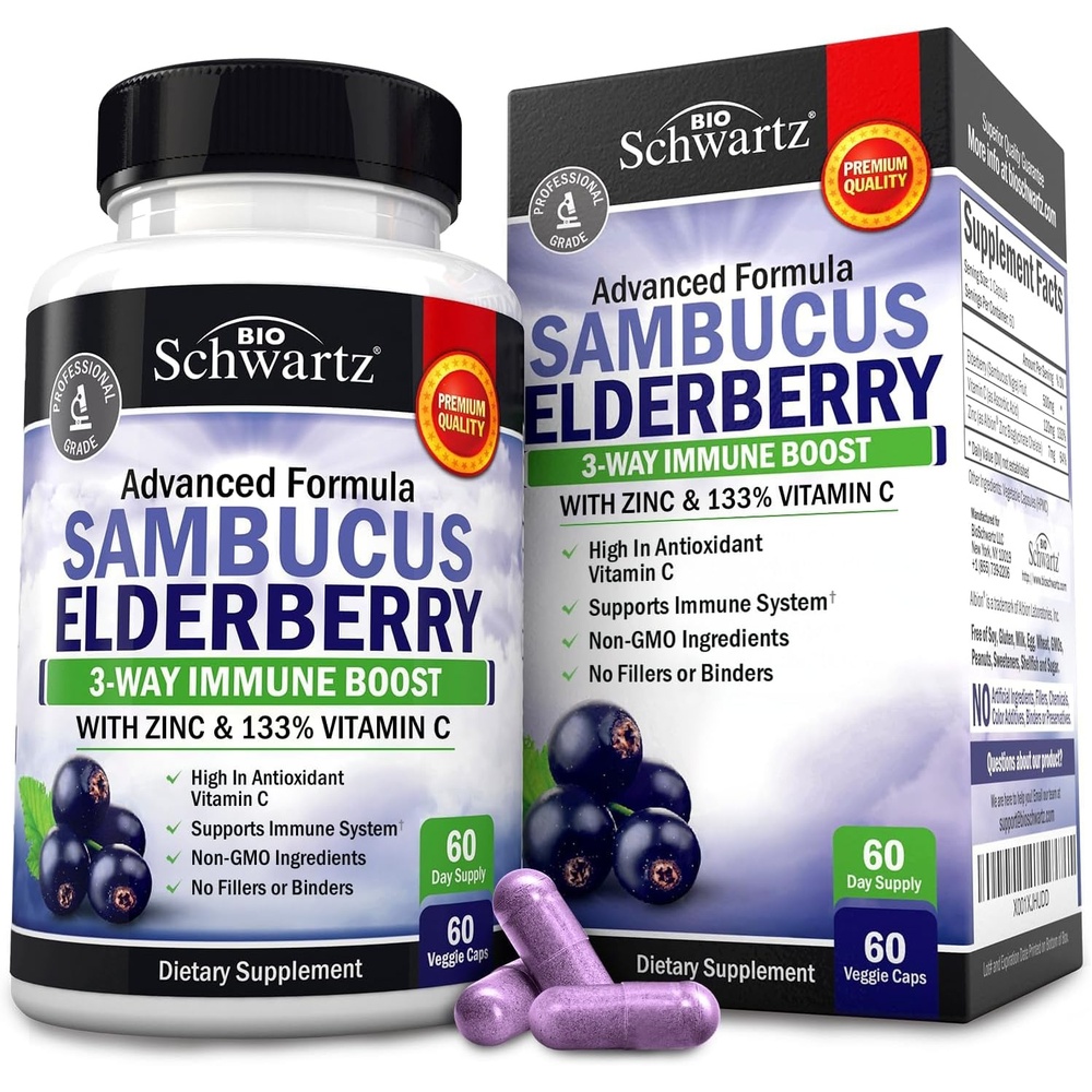 image:imageElderberry Capsules with Zinc and Vitamin C for Adults Immune Support Vitamins for Women and Men Black Sambucus Elderberry Vitamin C and Zinc Immune Defense Multiminerals Supplement 60 Count60 Count Pack of 1