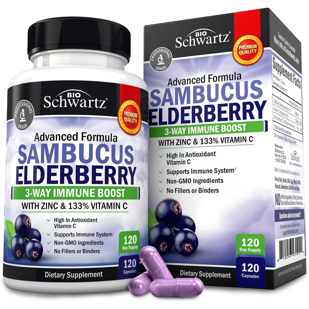 image:imageElderberry Capsules with Zinc and Vitamin C for Adults Immune Support Vitamins for Women and Men Black Sambucus Elderberry Vitamin C and Zinc Immune Defense Multiminerals Supplement 60 Count120 Count Pack of 1