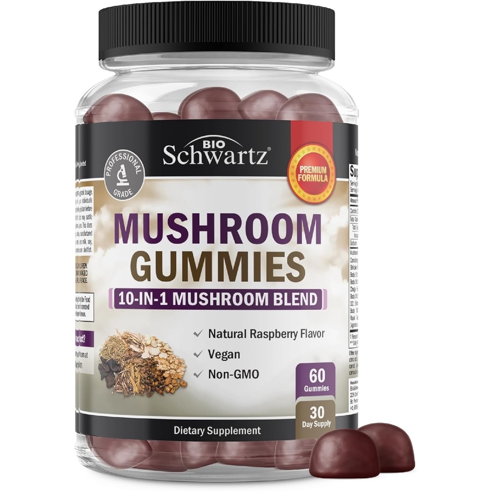 image:imageMushroom Gummies for Adults 10in1 Functional Mushroom Supplement for Mood and Focus with Lions Mane Turkey Tail Cordyceps Shiitake Reishi Vegan NonGMO Fresh Raspberry Flavor 60 Count60 Count Pack of 1