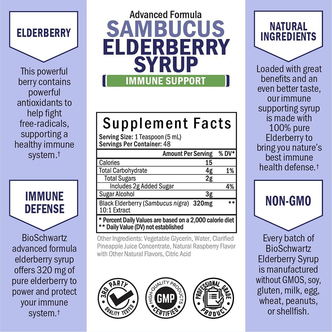 image:imageElderberry Syrup Immune Support for Kids amp Adults 10x Concentrated Natural Black Sambucus Elderberries for Immune Defense Boost Powerful Antioxidants for Women amp Men NonGMO Formula 8oz