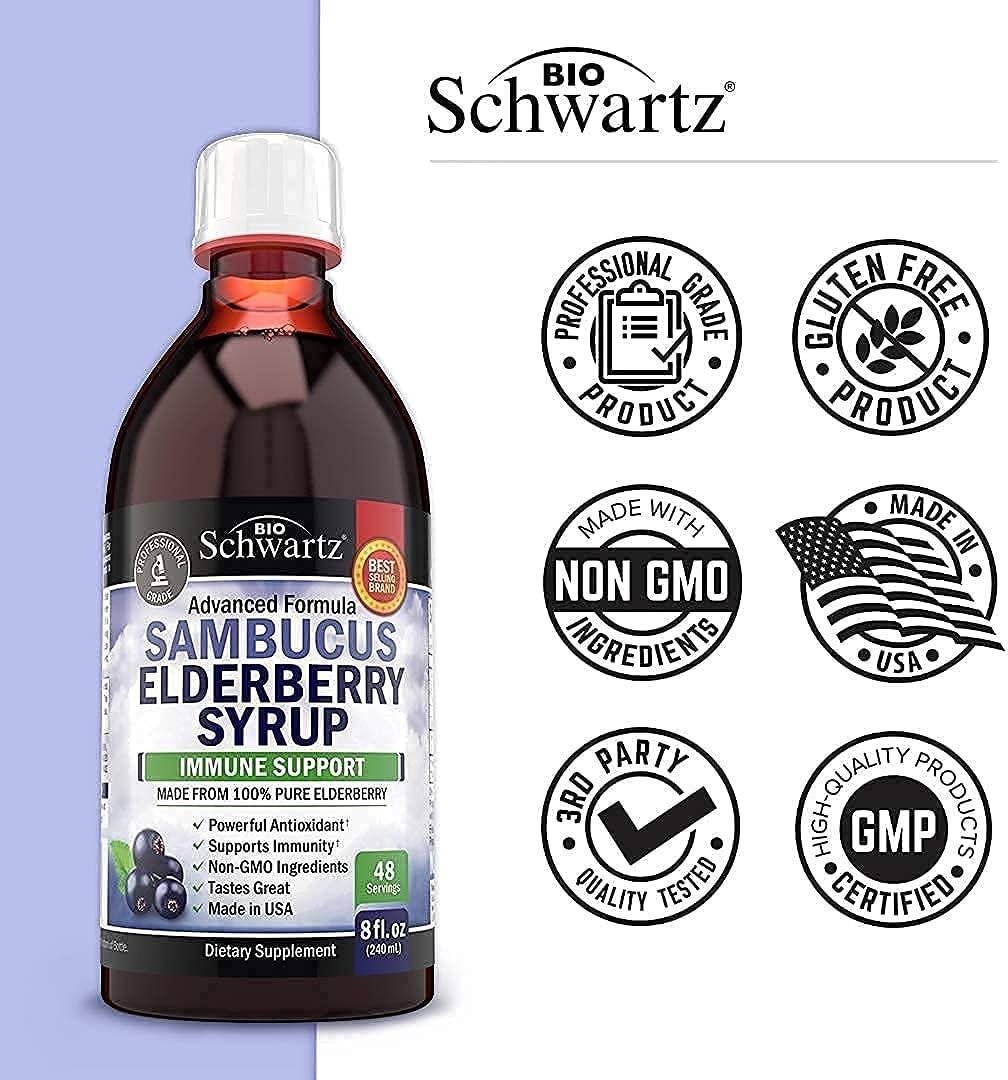 image:imageElderberry Syrup Immune Support for Kids amp Adults 10x Concentrated Natural Black Sambucus Elderberries for Immune Defense Boost Powerful Antioxidants for Women amp Men NonGMO Formula 8oz
